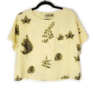 Vintage Linen Leaf Pattern Yellow Green Crop Top